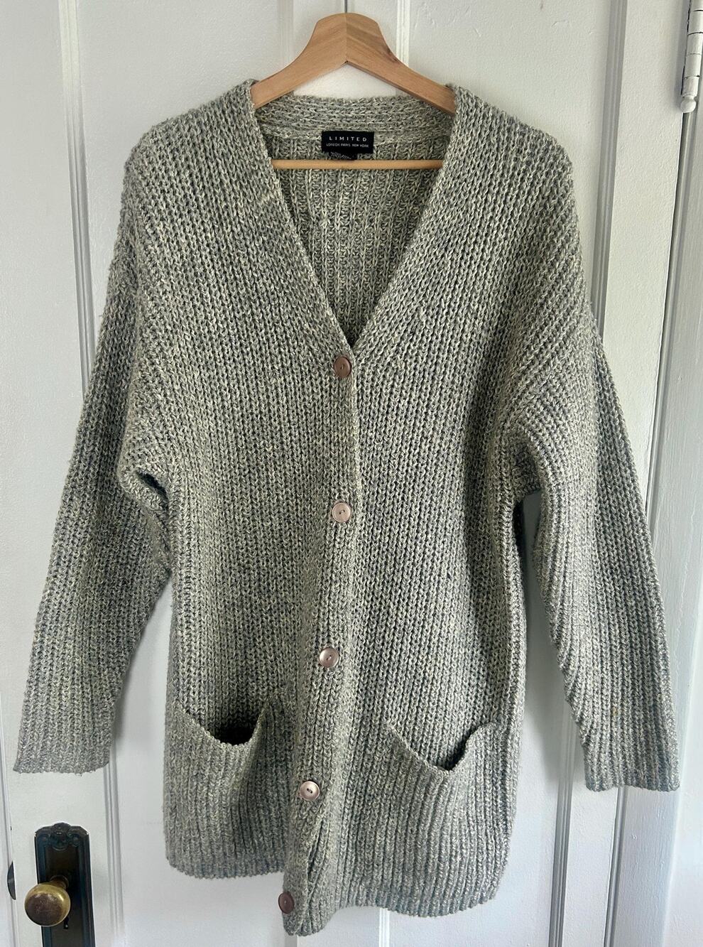 90s Gray Chunky Knit Cardigan Women’s Large | Wool Blend Sweater Fishermancore